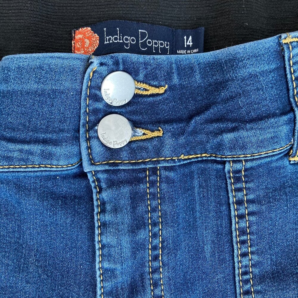 Indigo Poppy Cropped Wide Jeans High Waist Elastic Stretch Comfy and Fun, sz 14 - Picture 3 of 8